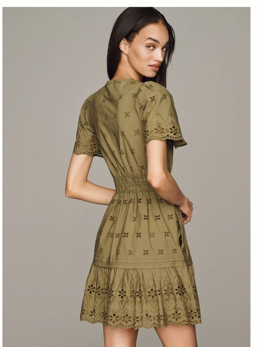 Anthropologie Somerset Smocked Mini Olive Eyelet Petite NWT - Picture 2 of 3